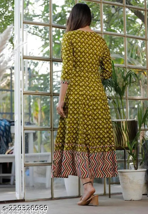 Green rayon Anarkali long embroidery kurti gown for women and girls, ideal for parties and festivals