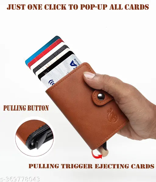 Brown PU Aluminum Debit/Credit Card Holder with RFID Protection, featuring a smart pop-up design for easy access and robust construction for long durability. Made in India