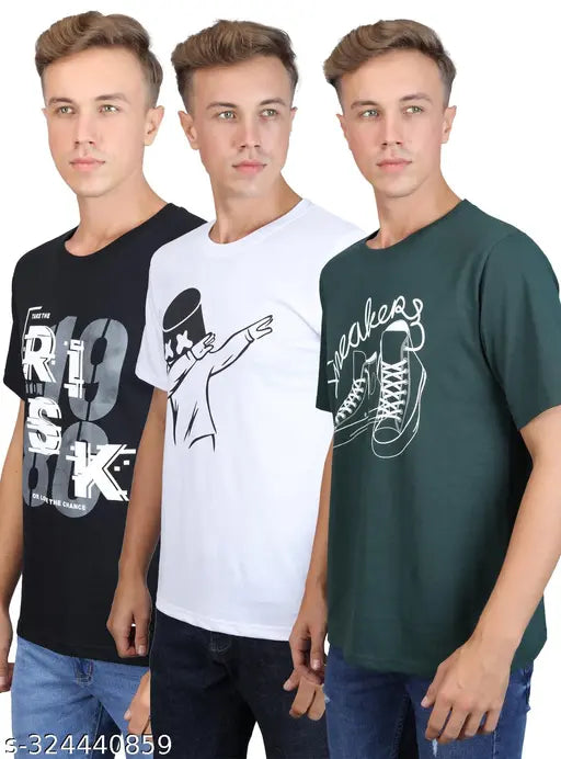 Cotton printed men's t-shirt pack of 3, short sleeve, vibrant Indian designs on natural cotton