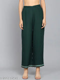Dark green Angita Women's embroidered rayon kurta set with palazzos, solid design, three-quarter sleeves