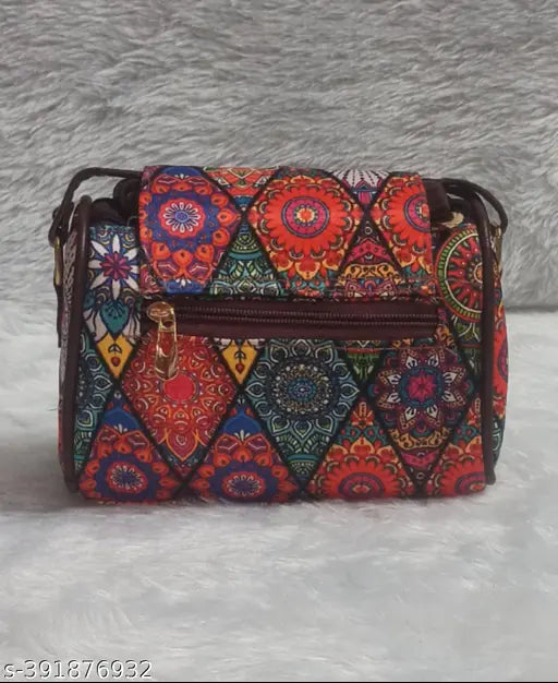 Elegant casual silk Patola sling bag, three compartment printed net design. Indian-made, versatile accessory for everyday use