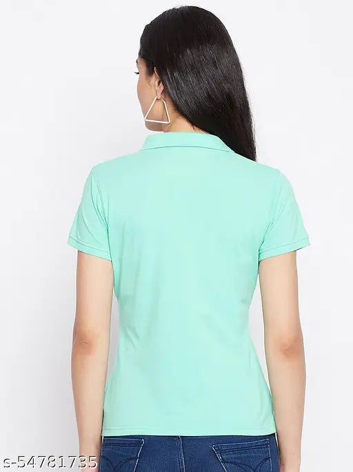 Ice green solid cotton blend polo t-shirt for women with short sleeves, perfect for casual wear