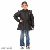 Black printed net hooded jacket for girls, trendy winter wear by 7Evenwear