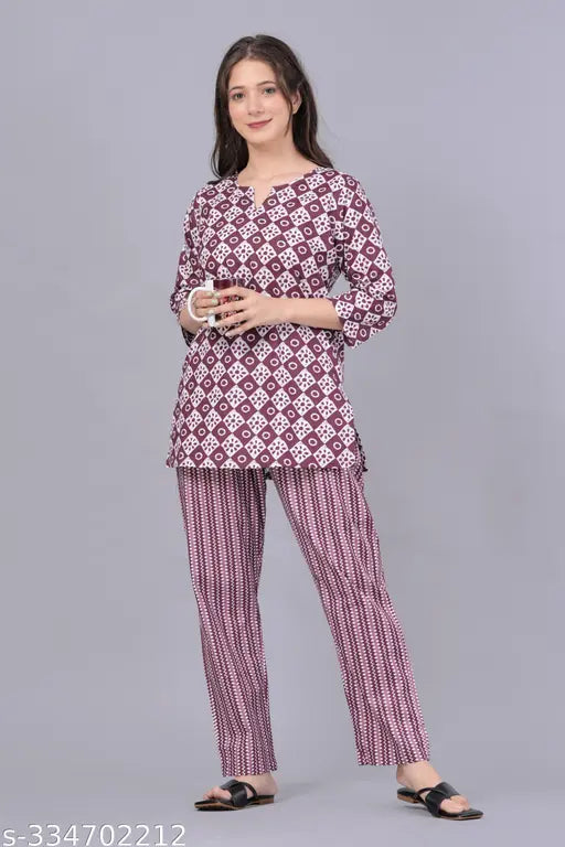 Pure cotton coord night suit for women, printed pattern, three-quarter sleeves, Indian weather-friendly, breathable, comfortable fit, machine washable