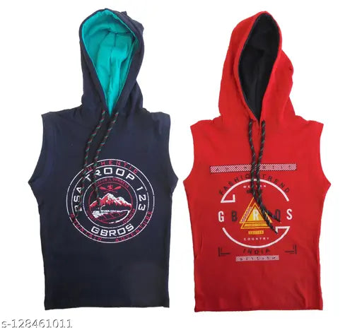 Kid sleeveless hooded cotton T-shirts, printed with fun designs, anti-bacterial properties for kids. Sizes: 4-5yrs (chest 24in, length 17in), 5-6yrs (chest 25in, length 18in), 7-8yrs (chest 26in, length 19in), 9-10yrs (chest 30in, length 21in). Made in India