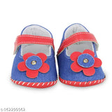 Red and blue denim cotton party wear floral sandal booties for babies (6-12 months), soft and comfortable with slip-on design and Velcro closure