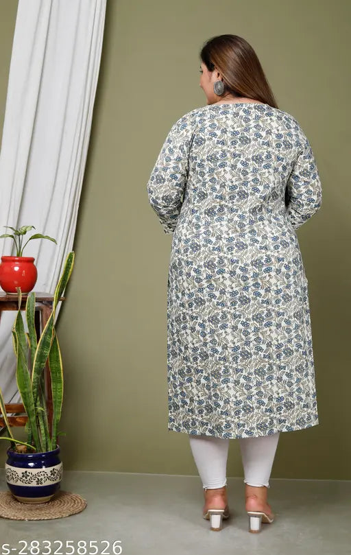 Cream printed floral plus size pure cotton straight kurta for women, three-quarter sleeves