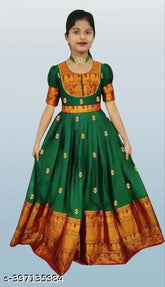 Indian silk cotton saree gown for girls, intricate embroidery, short sleeves, delicate lace detailing