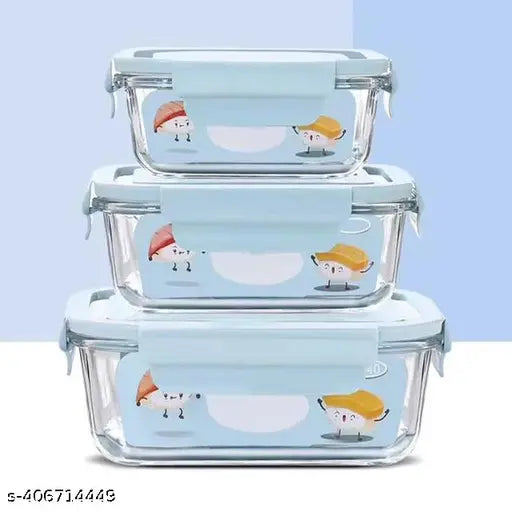 Oven-safe, microwave-safe, freezer-safe glass launch box set of 3 (400ml, 600ml, 800ml) with detachable locks. Airtight, leakproof, and multi-purpose food storage containers