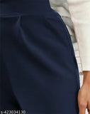 Nevy blue polyester blend mid-waist trousers with two side pockets, casual style and 42 inches length