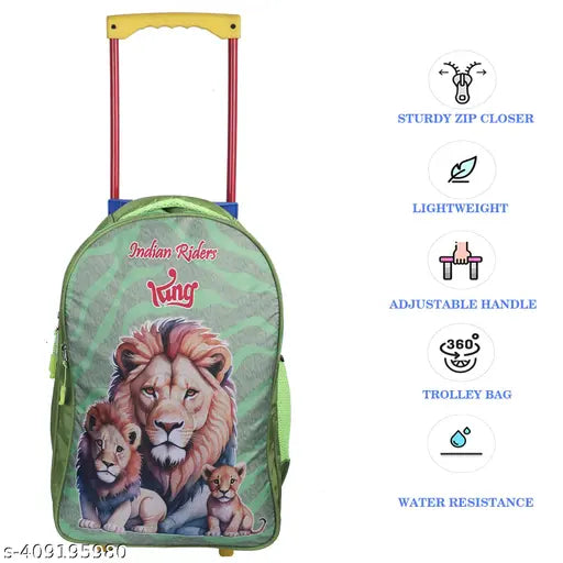 Waterproof trolley bag, 40 L, 18 inch green polyester. Durable Indian Riders KING family school kids' backpack with spider print, adjustable straps, and water bottle pocket. Perfect for heavy school workload and A4 notebooks