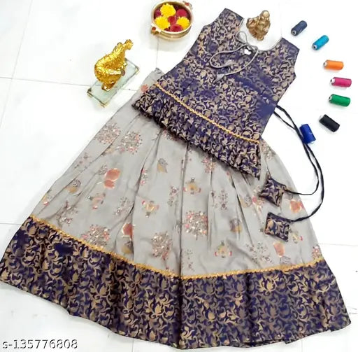 Cotton blend, printed botanical Swiss fabric skirt with front neck knot - Indian-made, high-quality lehenga