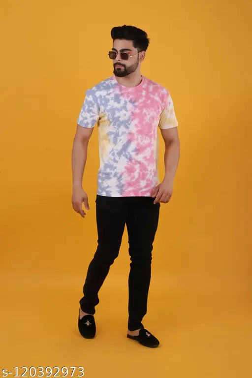 Multi color tie dye cotton short sleeve t-shirt, printed net design in various sizes from S to XL, round neck bio washed tee from India