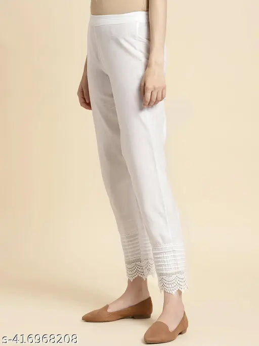 Solid white cotton trousers/pants by Rangita for women, perfect fit in sizes S-XXL from India