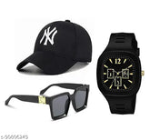 Black cotton baseball cap, sunglasses, and watch combo pack for men and boys - Embroidered net pattern. Made in India (pack of 3)