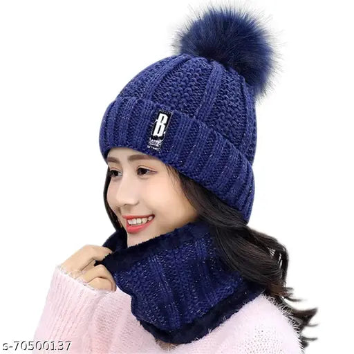 Navy blue fleece-lined wool winter beanie with pom pom for women, outdoor sports hat