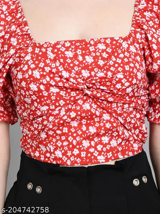 Red polyester puff sleeve square neck crop top with printed net pattern, ideal for casual wear
