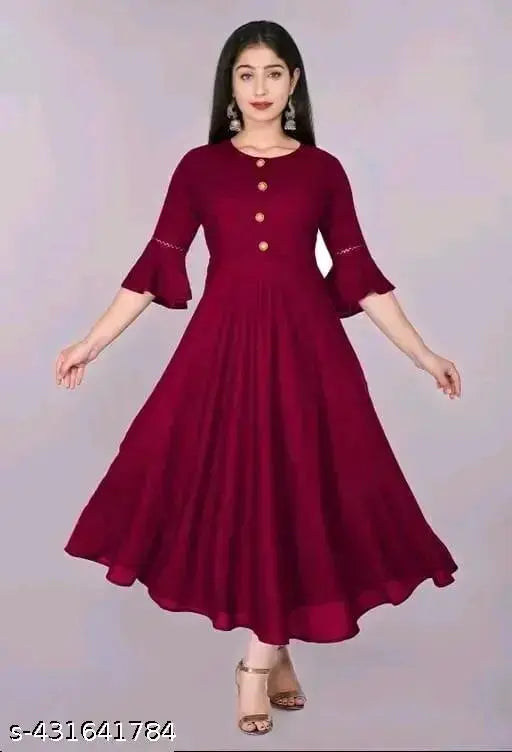 Maroon rayon Anar Kali kurti, traditional Indian long maxi dress for women with three-quarter sleeves