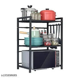Green Touch 3-Tier Iron Kitchen Storage Rack, height adjustable with hooks. Modern contemporary design for kitchen organization and storage. Made in India, solid and sturdy