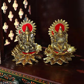 Golden metal Lotus sitting LakshmiGanesha idol, antique finish Murti for temple decor