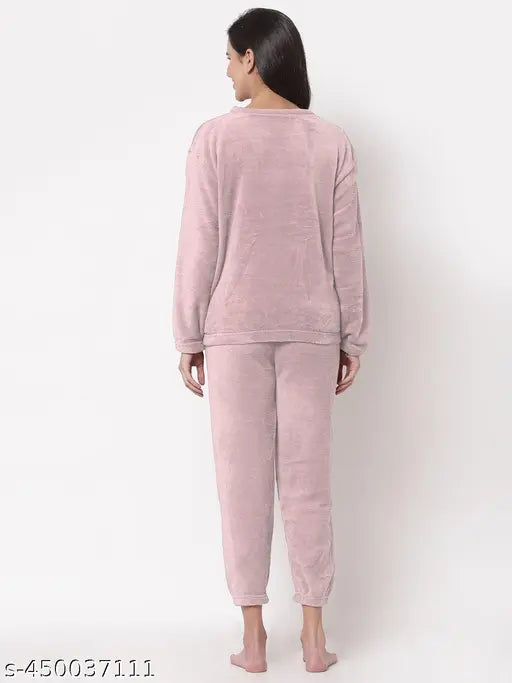 Women's pink solid woolen night suit set, long sleeve pajama ensemble for winter wear, made in India
