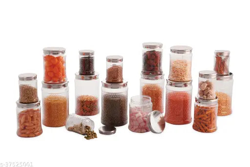 Airtight, high-quality PET plastic jars, pack of 18 for spices & grains storage, India-made, food-grade, BPA-free, easily viewable contents