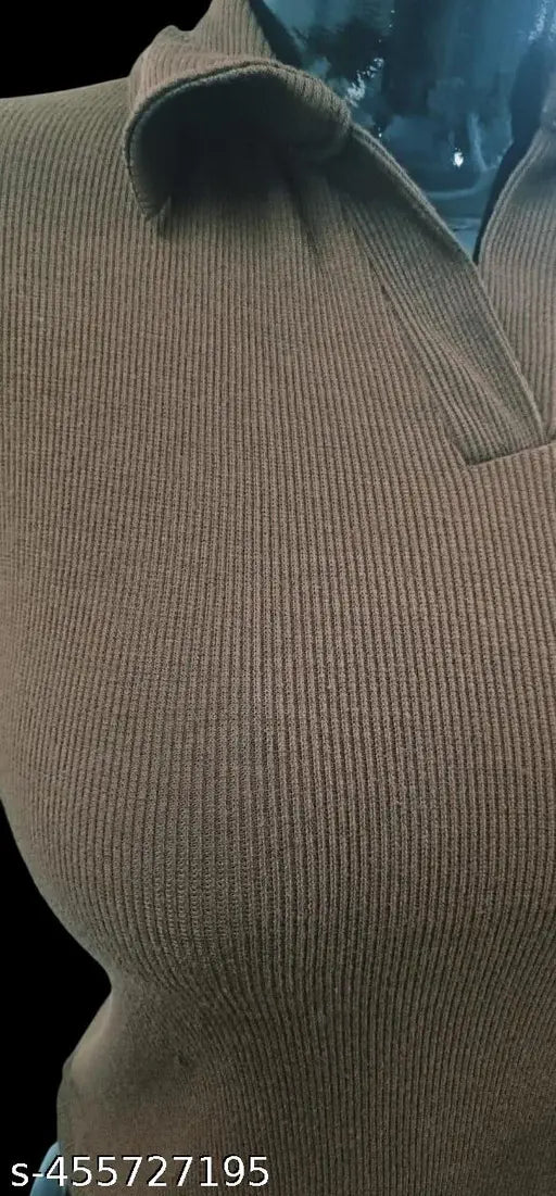 Stylish full sleeve cotton blend rib t-shirt for women in solid pattern, long sleeves, size S (34in bust, 17in length)