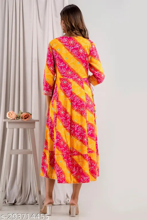 Rayon Anarkali Kurta, printed bandhej design, three-quarter sleeves for women, Indian ethnic fashion