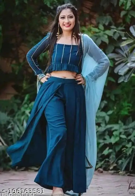Teal blue rayon palazzo top with dupatta, set of three elegant Indian fashion wear for women