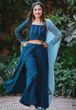 Teal blue rayon palazzo top with dupatta, set of three elegant Indian fashion wear for women