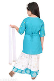 Gold print rayon kurta Sahrara set with dupatta, featuring straight cut and three-quarter sleeves. Perfect for ethnic wear, suitable for children aged 2-6 years, made in India