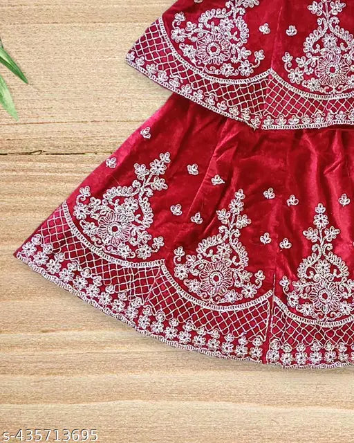 Festive velvet lehenga choli for baby girls - 12-18 months, embroidered floral stitch on sleeveless velvet ensemble from India