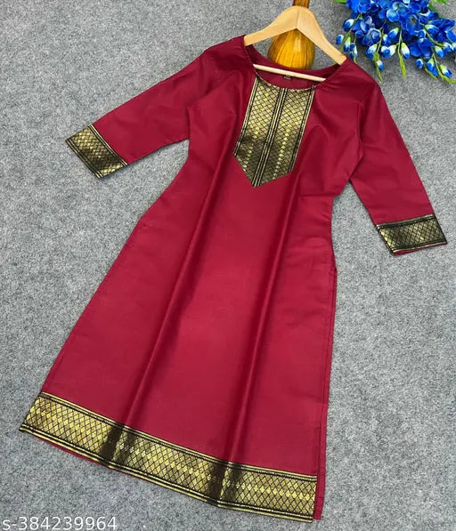 Slub cotton straight kurti with lace border for women, solid combo of sizes S-M-L-XL-XXL, three-quarter sleeves