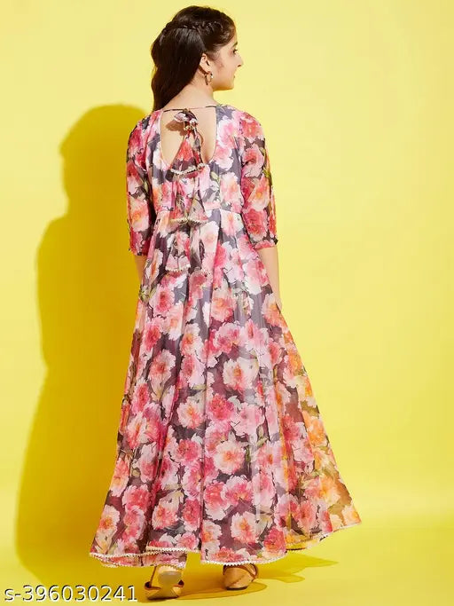 Cherry Jerry Floral Printed Organza maxi dress for girls, three-quarter sleeves, polyster fabric with vibrant floral print, size 8-9 years (bust 28in, length 43in)