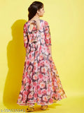 Cherry Jerry Floral Printed Organza maxi dress for girls, three-quarter sleeves, polyster fabric with vibrant floral print, size 8-9 years (bust 28in, length 43in)