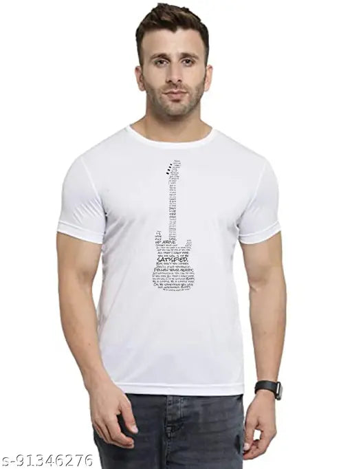 Stylish casual guitar print polyester t-shirt for men (100% Polyester, L size). High-quality, comfortable, and lightweight, perfect for every season. Made in India