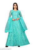 Firozi net chain stitch embroidered gown, free size (44in bust, 52in length), comes with inner and dupatta, semi-stitched, 3/4 sleeves, India origin
