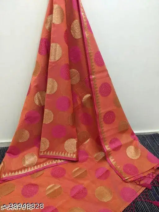 Banarasi cotton silk peach jacquard saree and blouse, intricate zari-woven design on Indian handloom