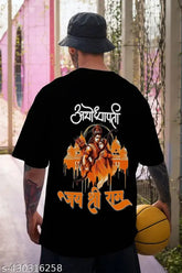 Men's cotton blend Ayodhyapati Jai Shree Ram black printed T-shirt, oversized style with short sleeves. Size chart included. Indian handcrafted printed t-shirt