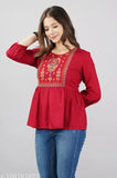 Rayon embroidered casual top, three-quarter sleeves for women and girls. Indian-made fashion wear, stylish and lightweight with embellishments