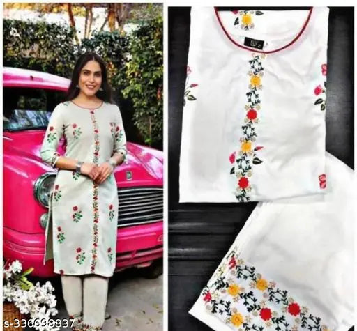 Fancy embroidered cotton kurti set with pants for women, India
