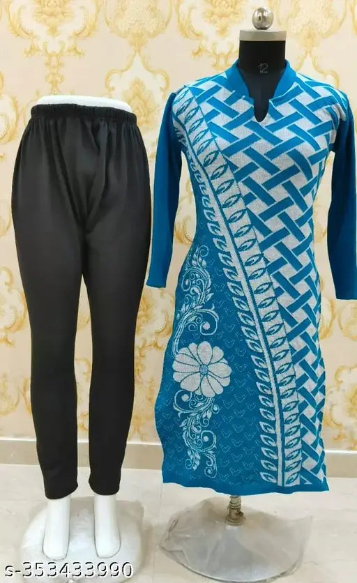 Fancy aqua blue woolen kurti & leggings set, printed net, long sleeves - Indian fashion wear for women