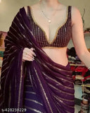 Purple Georgette saree with golden sequence work, multi-colored thread blouse - Indian handloom fashion