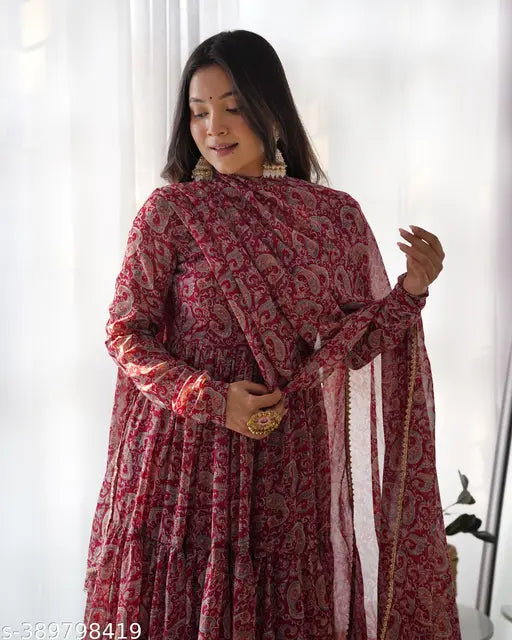 Pure soft fox georgette kalamkari print fully flair anarkali with dupatta set, ready-to-wear Indian ethnic wear in XS, S, M, L, XL, XXL sizes