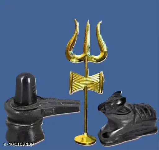 Marble Sai Collection Shivling & Nandi Idols with Trishul, black and marble, religious statue on display