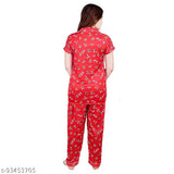 Red boo print satin night suit set for women, soft and breathable high-quality satin fabric