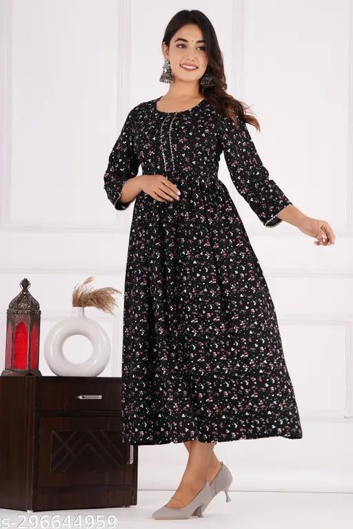 Rayon Anarkali kurta in black with floral print, three-quarter sleeves, and matching dupatta. Indian festive women's fashion for Diwali or weddings