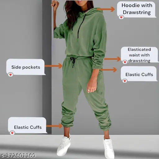 Women's cozy velvet loungewear set (hoodie & jogger pants), warm, stylish, and comfy. Velour fabric, long sleeves, adjustable dracord. Sizes: S-XXL. Made in India