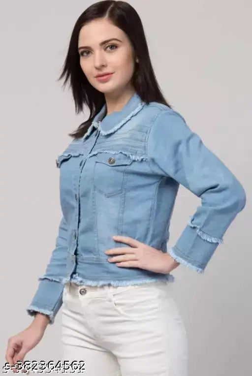 Blue denim light strip jacket for women, solid pattern, long sleeves - MHR Fashion latest winter collection, size 12-16 years