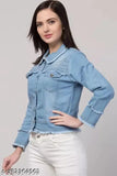 Blue denim light strip jacket for women, solid pattern, long sleeves - MHR Fashion latest winter collection, size 12-16 years
